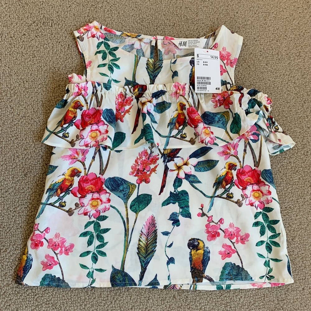 H&M light cream, pink, green & blue floral top 8-9 years NWT